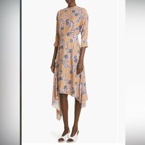 St. John floral print hankerchief hem silk blend 3/4 sleeve midi dress